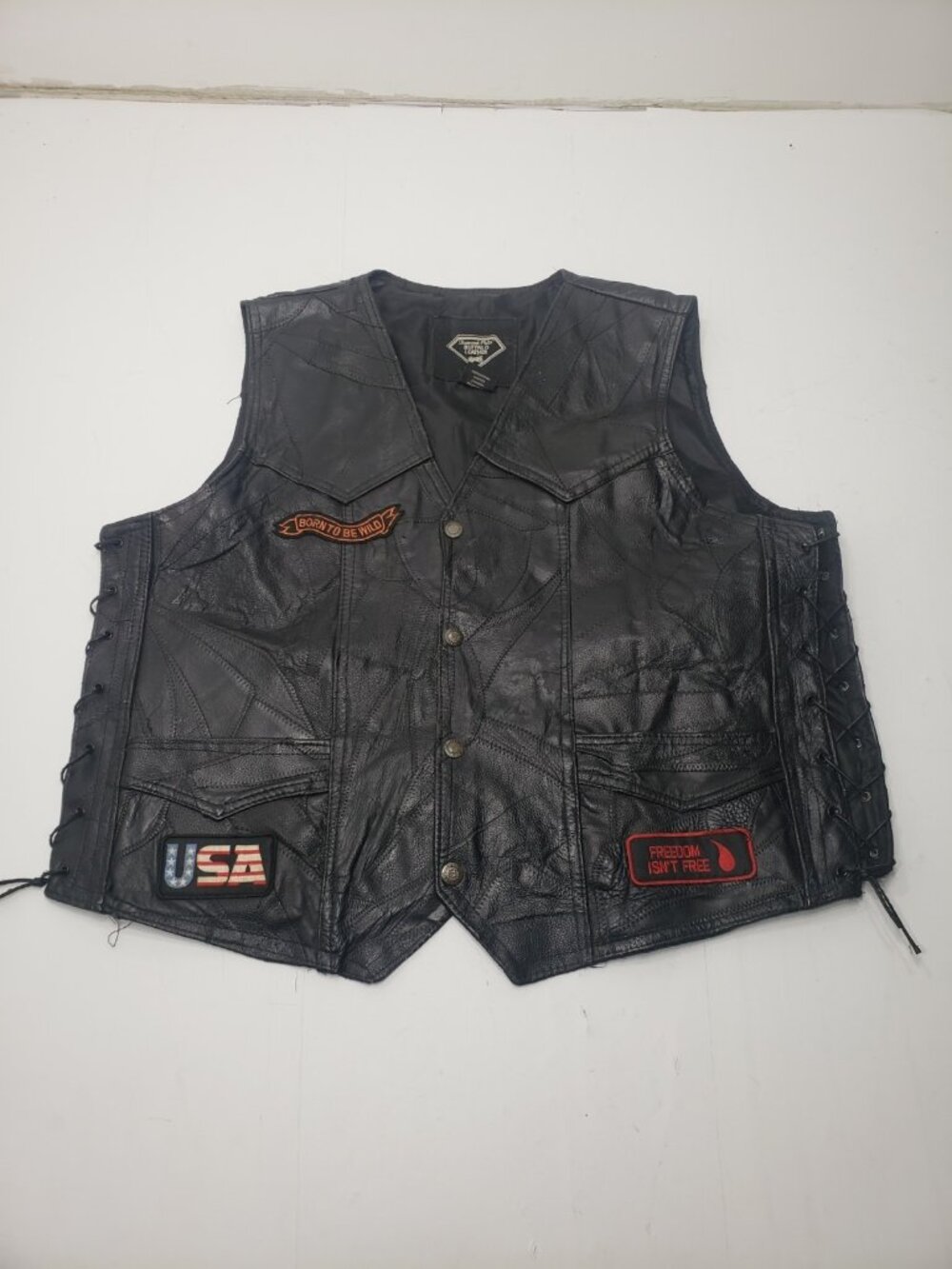 Diamond Plate Buffalo Leather Motorcycle Biker Vest 2X Black Patched Lace Side